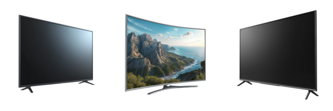 Three televisions one curved screen displaying landscape isolated on a transparent background image - Powered by Adobe