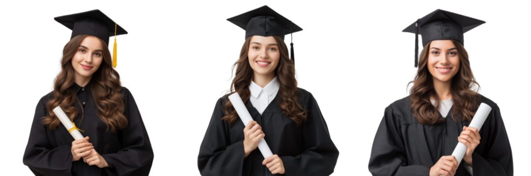 Three smiling women in graduation gowns holding diplomas isolated on a transparent background student - Powered by Adobe