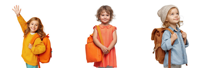 Three young girls with backpacks ready for school or adventure isolated on a transparent background child