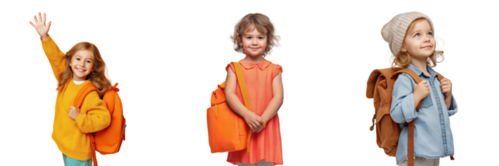 Three young girls with backpacks ready for school or adventure isolated on a transparent background child