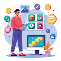 Person examining digital art and cryptocurrency icons computer