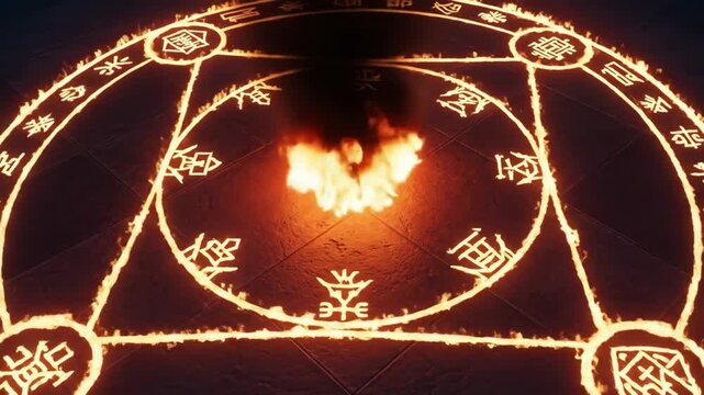 Fiery Magical Circle Ritual - A mystical circle inscribed with ancient symbols glows with fiery orange light, a small fire burning at its center.