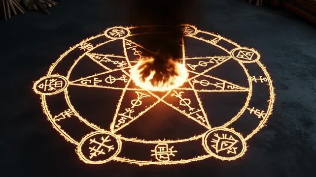 Burning Pentagram Ritual Circle - A fiery pentagram summoning circle glows intensely on a dark stone floor.