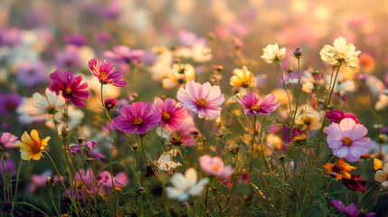 Cosmos Flower Field in Bloom During Spring Summer Season with Pastel Colors and Soft Light Photography