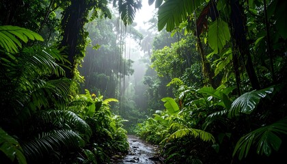 Lush jungle trail rain wet