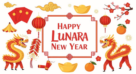 Festive Lunar New Year Celebration with Dragons, Lanterns, and Lucky Symbols, designed for cultural marketing and holiday promotions.