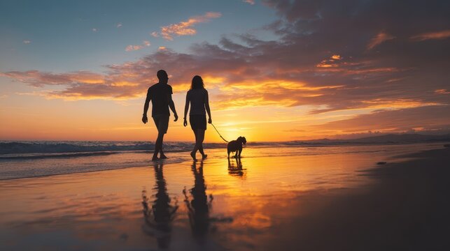 Silhouettes of a couple walking their dog on a beach at sunset.