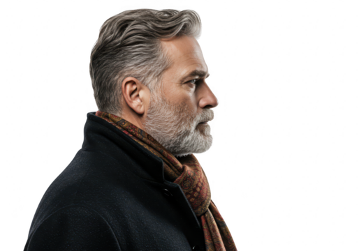 Distinguished older man with gray hair and beard wearing a scarf and coat in profile against a transparent background - Powered by Adobe