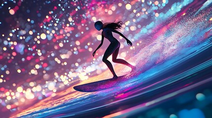 Whimsical AI figures surfing on streams of vibrant data