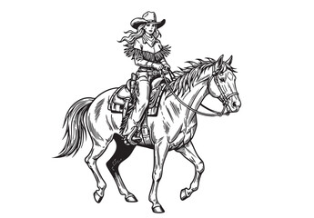 Dynamic vector illustration of a cowgirl on horseback, perfect for Western and adventurous themes.