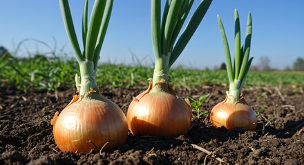 Fototapeta premium Freshly Grown Organic Onions in a Field Ready for Harvest