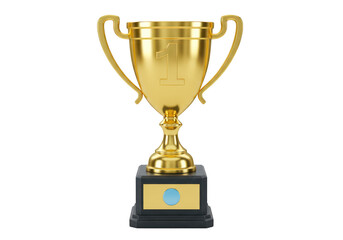 A gleaming golden trophy with 1 engraved mounted on a black base representing first place and ultimate achievement isolated on transparent background