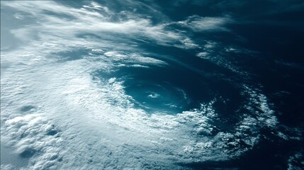 Dramatic swirling cloud formation over the ocean from an elevated aerial perspective, showcasing the power and beauty of nature