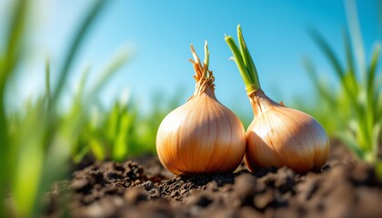 Freshly Harvested Golden Onions in Field Organic Farming Agriculture Close Up