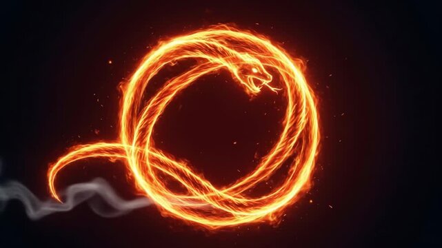 Fiery Serpent Circle - A fiery serpent forms a circular shape, its body composed of swirling flames and embers against a dark background.