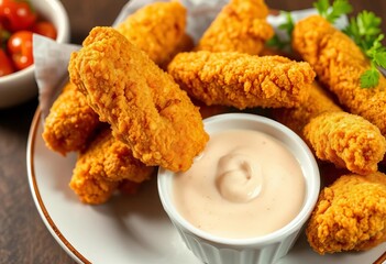 Golden-brown breaded chicken strips served with dipping sauce,  restaurant,  fast food meal
