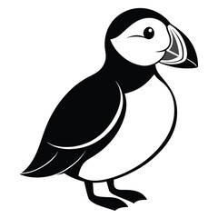 Stylized Black and White Illustration of a Puffin with Detailed Beak in a Minimalist Vector Style Isolated on White