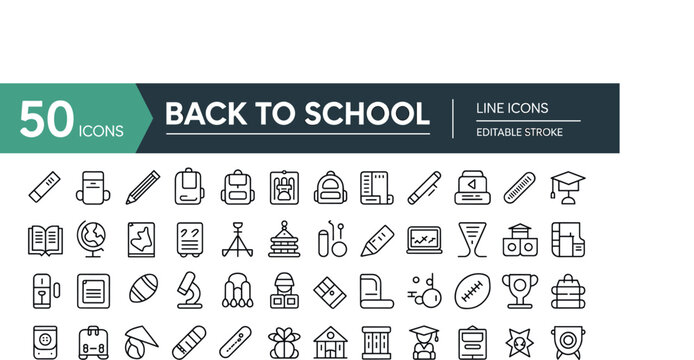 Collection of fifty line art icons for back to school and education school supplies