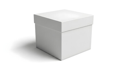 Fototapeta premium A white, square box with a lid sits on a white surface, casting a soft shadow.