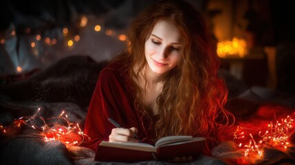 Woman journaling on a bed at night.