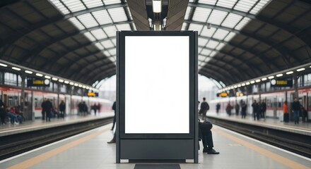 Blank Billboard at Subway Station with Commuters and Train in Background