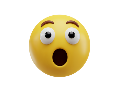 Surprised yellow emoji face with wide open mouth and big eyes expressing shock and astonishment isolated on transparent background