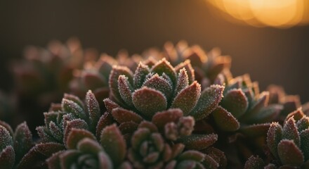 Close-Up of Succulent Plants with Frosty Tips and Warm Evening Light in Background
