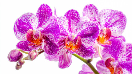 Obraz premium Elegant Orchid Flowers with Vibrant Purple Petals and Delicate White Spots Displayed Against a Clean White Background