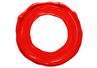Thick textured circular brushstroke of vibrant red paint forming a ring on a transparent background