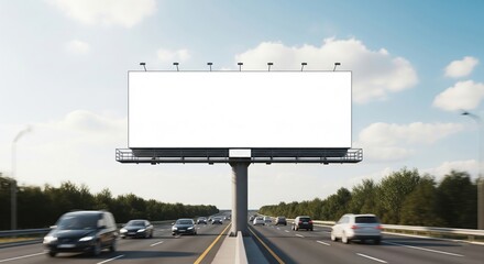 Blank Billboard on Busy Highway with Motion Blurred Cars