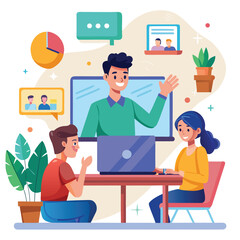 People interacting during online class with digital elements video call learning