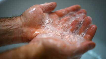 Close-up of hands washing with soapy water.