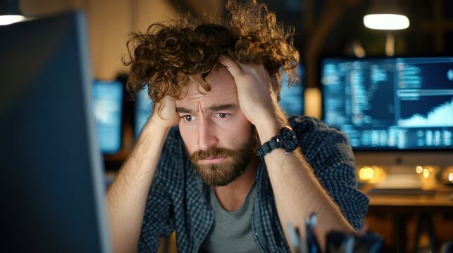 Frustrated man holding his head while looking at an unresponsive computer screen