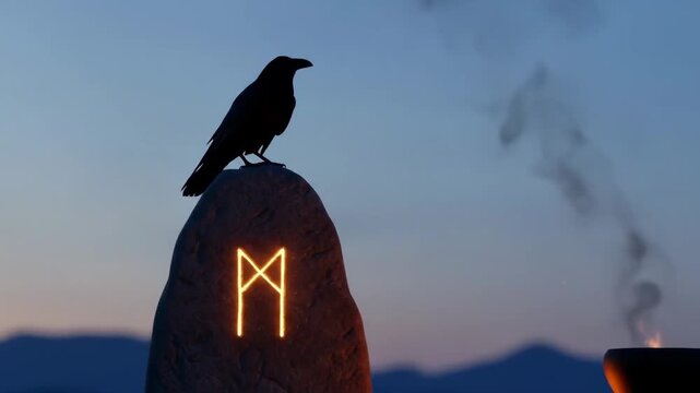 Raven Perched on Rune Stone at Dusk - A silhouetted raven sits atop a stone engraved with a glowing Algiz rune.