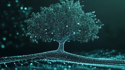 Stylized network tree growing digital data leaves