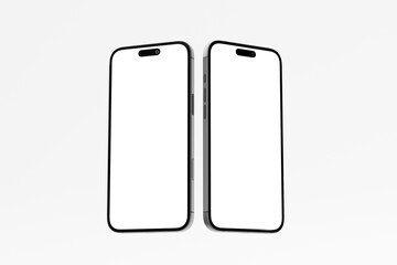 Two smartphones stand side by side, showcasing blank white screens.