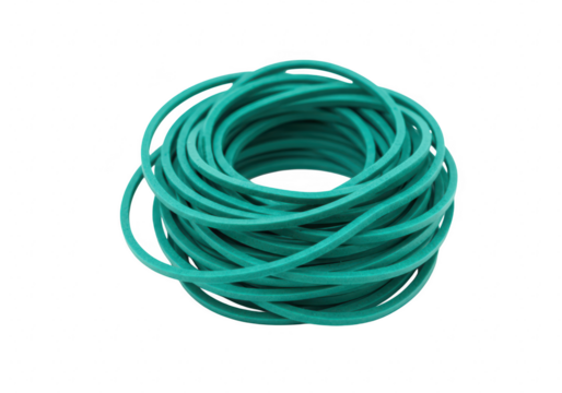 A pile of green rubber bands neatly stacked in a circular formation symbolizing organization and office supplies isolated on transparent background