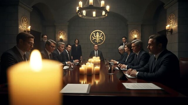 Mysterious Meeting: Elite Group in Dark Chamber