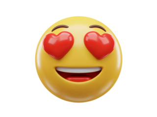 Happy smiling emoji face with red heart shaped eyes and open mouth showing teeth isolated on transparent background