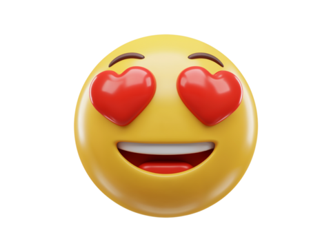 Happy smiling emoji face with red heart shaped eyes and open mouth showing teeth isolated on transparent background
