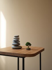 Serene Stillness: Balanced stones and a miniature tree sit on a simple table, bathed in soft light, inviting contemplation and peace.