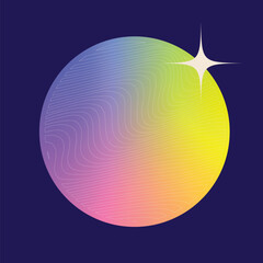 Abstract Flat Style Prism Rainbow Orb with Wavy Lines and Glitter Particle on Dark Blue Background