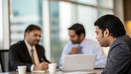Indian Executives in Blurred Office Setting During High-Stakes Meeting
