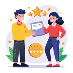 Happy man giving document to smiling woman with stars above people client