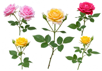 Assortment of five vibrant rose stems in pink yellow and deep pink colors showcasing delicate petals and green foliage on a clean white backdrop isolated on transparent background