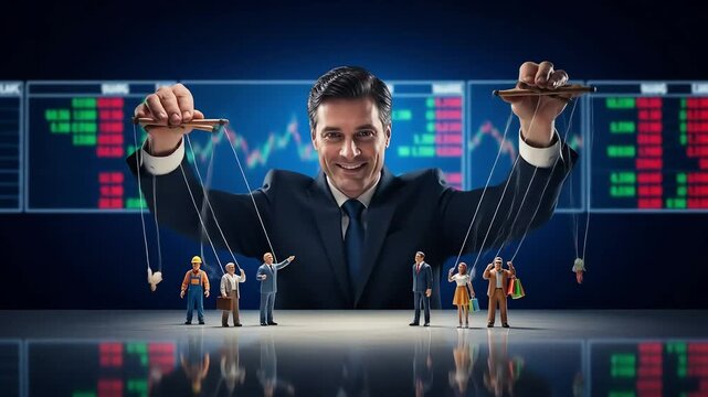 Smiling businessman manipulates miniature people as stock market data displays behind him