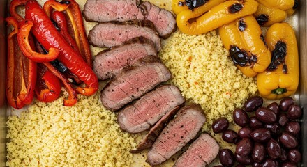 Colorful Platter of Grilled Vegetables and Sliced Beef with Couscous and Olives for a Gourmet Meal