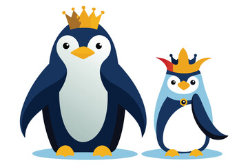 Whimsical Illustration of Two Royal Penguins Adorned with Crowns Standing Side by Side on a Pale Blue Surface