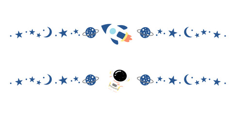 Cute Space Border Vector with Rocket, Astronaut, Planets, and Stars &ndash; Outer Space Divider Illustration