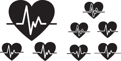 set of vector silhouettes of hearts Heartbeat & EKG Icons Set - Red and Black Heart Pulse Symbols Cardiology & Health Heart Icons - Medical Pulse Line Vectors